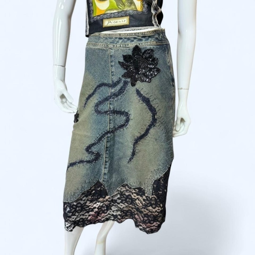 Y2K Lace Patchwork Denim Midi beaded Skirt Whimsigoth Coquette Womens S